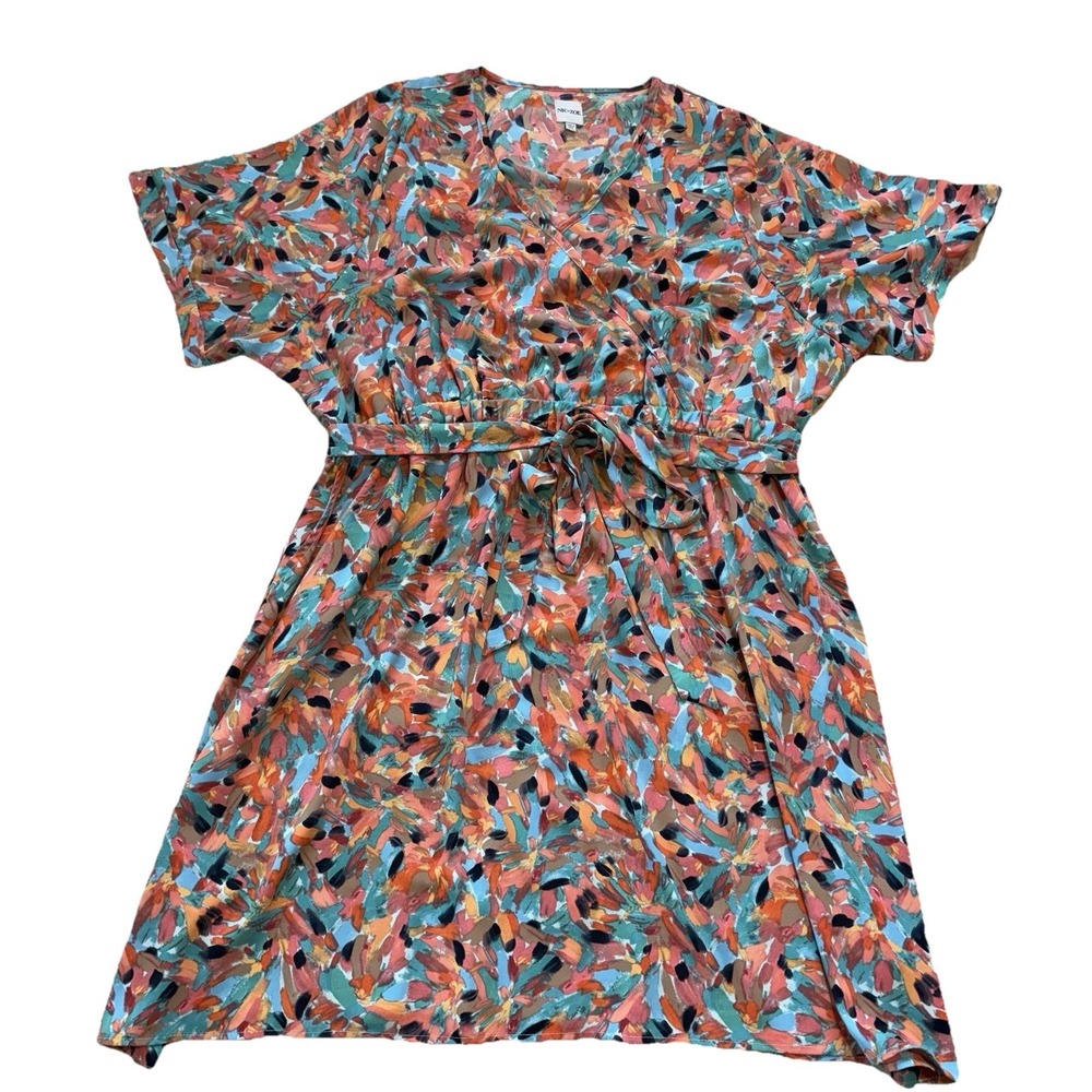 NIC+ZOE Dress Womens 2X Abstract Floral Faux Wrap Tie Waist Flutter Sleeve Artsy
